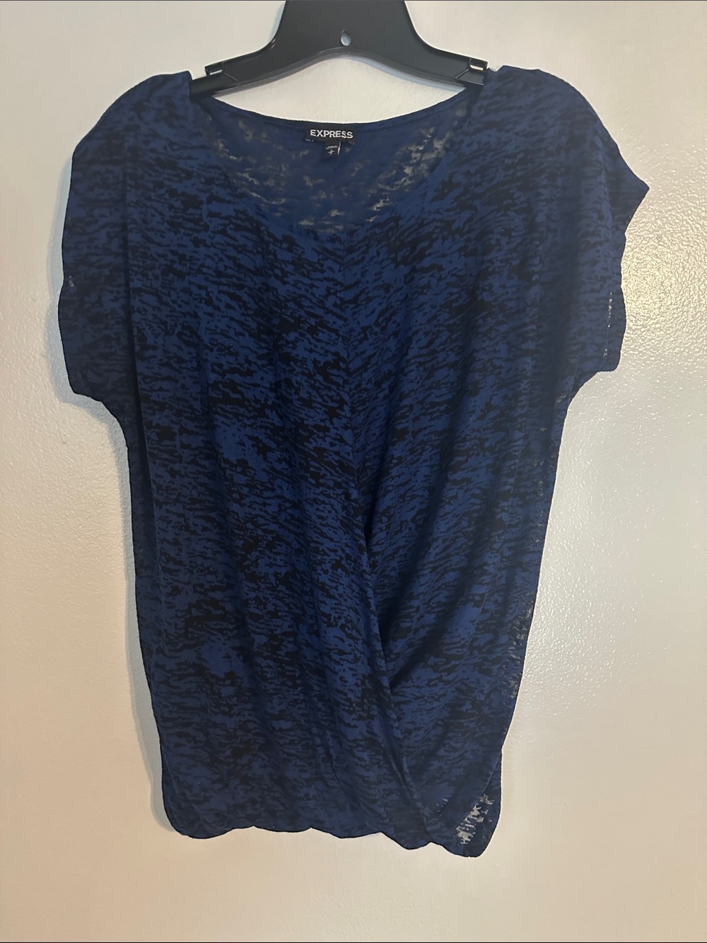 Express Navy and Black Short Sleeve Twist-Front Top